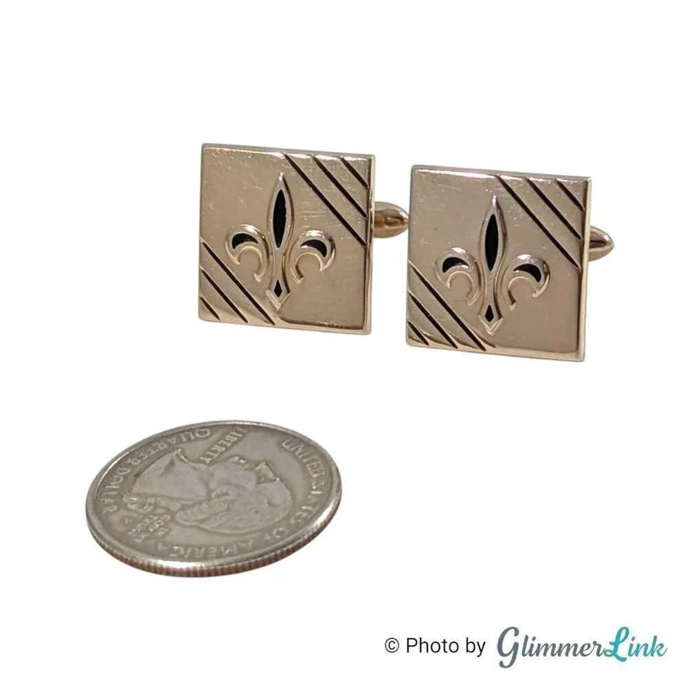 Vintage Swank Square Fleur de Lis Diagonal Stripes Gold Tone Cufflinks